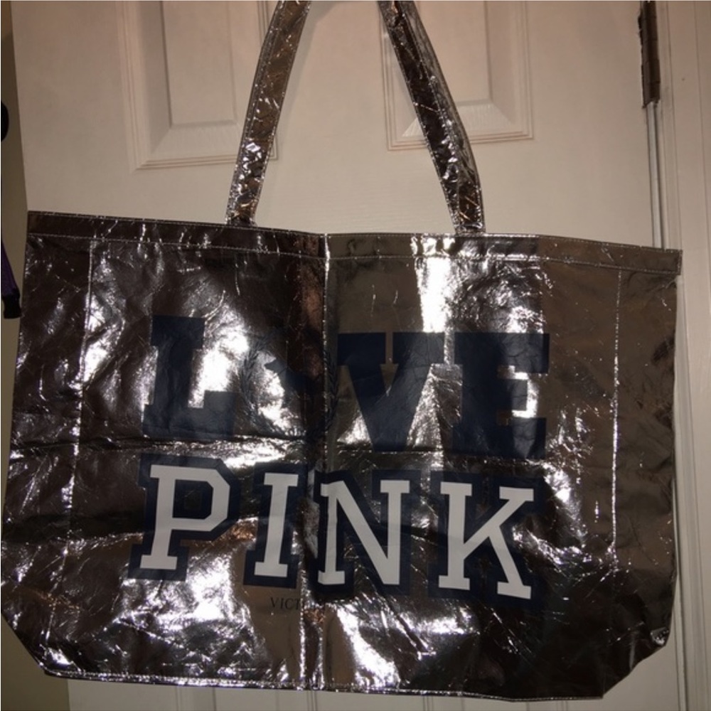 Victoria’s Secret PINK Silver Metallic Huge Tote Bag NWOT